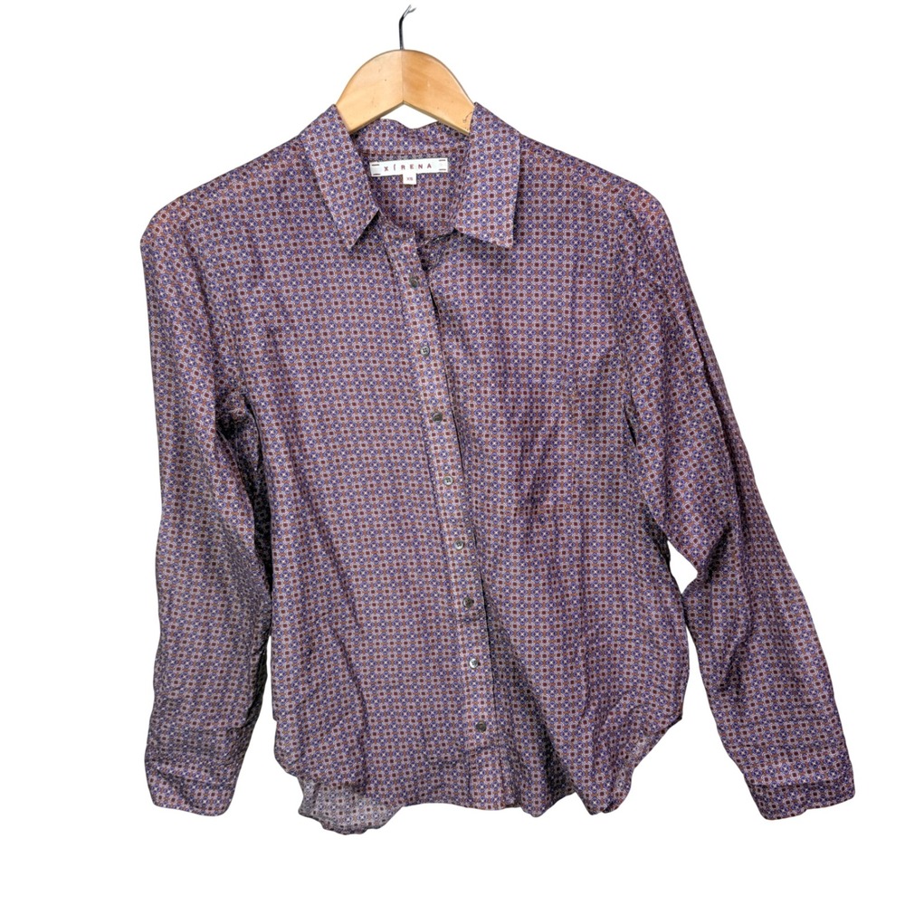 Xirena Beau Cotton Silk Geometric Tile Print Button Down Shirt Purple Brown XS‎